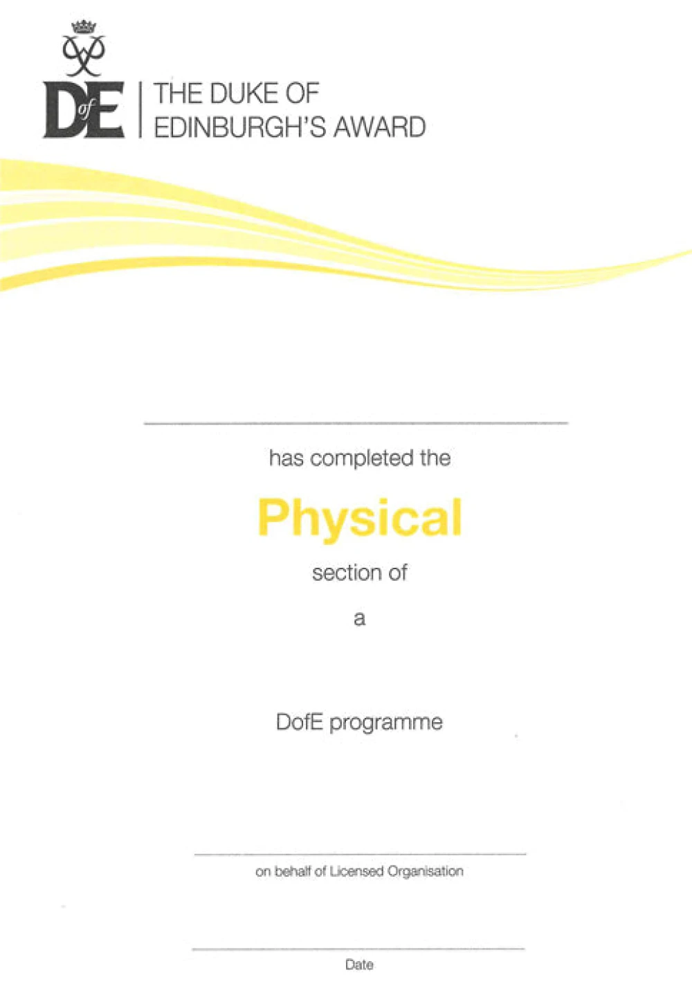 DofE Physical Certificate